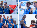 L'oro di Alice Codato, prima in alto a sinistra, insieme a Laura Meriano nel due senza e l'argento di Gabriel Soares (è il primo a sinistra in alto nella foto) con Niels Torre nel doppio. Qui sopra l'otto di bronzo con Giovanni Codato e Francesco Pallozzi della Gavirate e il ministro Giorgetti mentre premia il quattro di coppia d'oro (foto Emanuele Scordo) L'oro di Alice Codato, prima in alto a sinistra, insieme a Laura Meriano nel due senza e l'argento di Gabriel Soares (è il primo a sinistra in alto nella foto) con Niels Torre nel doppio. Qui sopra l'otto di bronzo con Giovanni Codato e Francesco Pallozzi della Gavirate e il ministro Giorgetti mentre premia il quattro di coppia d'oro (foto Emanuele Scordo)