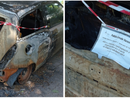 Le foto inviate in redazione dal lettore con le auto incendiate e abbandonate da mesi e mesi in via Parini alle Bustecche con gli ultimi fogli apposti su un nastro adesivo Le foto inviate in redazione dal lettore con le auto incendiate e abbandonate da mesi e mesi in via Parini alle Bustecche con gli ultimi fogli apposti su un nastro adesivo