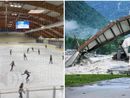 A sinistra la pista dell'Acinque Ice Arena, a destra il palaghiacico di Prato Sornico completamente distrutto