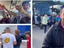 Nel collage il viaggio dei ragazzini biancorossi che cantano &quot;Forza Varese&quot; sui pullman verso la Croazia, Angelo Bruno, direttore dell'Accademia, e un gruppetto con maglie del club e dei Mastini alla partenza dallo stadio