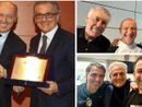 A sinistra Ferretto Ferretti con Beppe Marotta. Sopra a destra è con Ancelotti e il preparatore del Real, più in basso con Alex Del Piero e il mister del Parma Fabio Pecchia