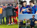 Il gruppo del Varese saprà reagire? In alto a destra la Varesina attorno a capitan Gasparri e Mondoni-gol nella Solbia (foto Macchi - Scaringi - Lucchi)