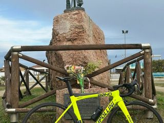Qui e sotto un mazzo di fiori, la bici color Tour de France e Martino a Cesenatico davanti al monumento del Panta