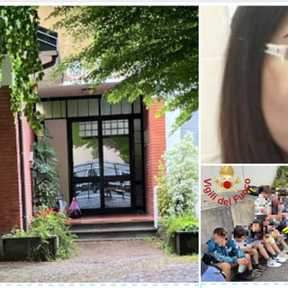 A sinistra: la scuola primaria Pascoli di Cazzago Brabbia. Nei riquadri la vittima Domenica Russo e alcuni bambini messi in sicurezza dai vigili del fuoco durante le operazioni di soccorso