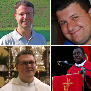 In senso orario: don Simone Chiarion, don Alessandro Metre, don Bangaly Marra, don Simone Seppi (foto archivio, facebook, madonnadellaselva.net, facebook)