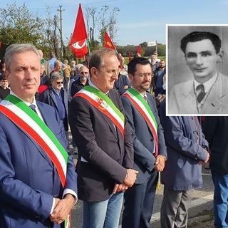 I sindaci di Cassano Magnago, Busto Arsizio e Legnano a una commemorazione di Mauro Venegoni (nel riquadro)