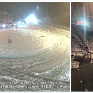 Da sinistra: la situazione neve sulla statale in Valganna intorno all’1.30 di notte (Webcam Centro Geofisico Prealpino) e una delle auto coinvolte nell'incidente sempre sulla 233