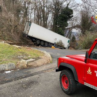 FOTO. Tir esce fuori strada e finisce nel bosco