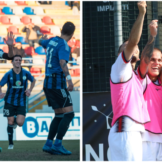 Scapinello a sinistra e Malvestio a destra: sarà una grande sfida oggi al Chinetti (foto Lucchi - Solbiatese Calcio 1911 e Foto SC Caronnese 1927)