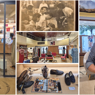 Enrico Cellerino nel Figini di via Morosini e, sopra, la fotografia della visita del “Campionissimo”  Fausto Coppi in uno dei negozi varesini più amati di sempre e da sempre