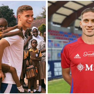 Alessio Chiesa, centrale diciannovenne scuola Inter protagonista di un'ottima stagione con la Primavera del Como: a sinistra è in Ghana, dove si è recato con alcuni ex compagni lariani per allenare decine di bambini (foto tratta dal profilo Facebook ufficiale del Como 1907)