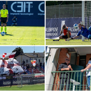 Dall'alto in senso orario il rigore decisivo di Larhrib, la parata determinante di Lorenzi, la gioia dei Di Caro e di Spilli e il tifo della curva del Varese (foto Alessandro Umberto Galbiati)