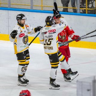 Gianluca Tilaro, 29 anni, indica capitan Vanetti dedicandogli il gol all'Alleghe dopo l'esclusione del capitano da parte del fu coach dei Mastini (foto Alessandro Umberto Galbiati)