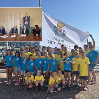 Bambini ucraini ad Alassio, nel riquadro la conferenza stampa a Palazzo Gilardoni