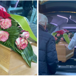 Una sciarpa della Pallacanestro Varese, rose bianche e rosse e il tocco, quasi un bacio d'addio, di Massimo Lucarelli come dei tantissimi presenti alla chiesa di Avigno per l'ultimo saluto a Giovanna Malnati, moglie di Ernestino Ramella e madre di Nicolò e Mattia