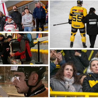 Qui sopra a sinistra i tifosi della Valpe in festa trascinati anche da un campanaccio gigante, il volto buio di Piroso infortunato e, tra il pubblico, anche Seba Allevato (Foto Alessandro Umberto Galbiati)