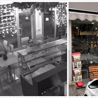 A sinistra: il ladro mentre si cala dalla finestrella. A destra: l'ingresso del pastificio "Mani in Pasta"