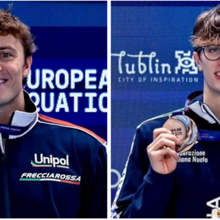 Nicolò Martinenghi, azzatese di 26 anni, e Francesco Lazzari, angerese, 21 anni il 15 dicembre sul podio degli Europei in vasca corta di Lublino in Polonia (Foto tratte da Federazione Italiana Nuoto -  Deepbluemedia)