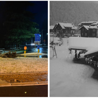 A sinistra la foto postata questa mattina dall'esperto Gianluca Bertoni con la neve che è nuovamente riapparsa nelle valli a nord di Varese e a destra (oltreché sotto in gallery) come si presenta al risveglio oggi Macugnaga