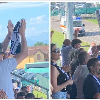 Il patron Milanese risponde all'ovazione dei tifosi nerazzurri che alzano una gigantesca D nel cielo