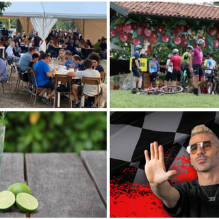 Dall'alto in senso orario la Sagra del Pesce a Calcinate, Festa delle Ciliegie ad Oltrona al Lago, Marco Melandri dj al Lido DaMa del Tennis Club Casciago e Creanza Market &amp; Gin Fest al Parco di Villa Mylius a Varese