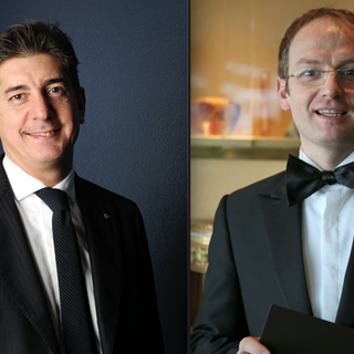 A sinistra Nicola Dell'Agnolo, Direttore di Sala de "Il Luogo di Aimo e Nadia", due stelle Michelin di Milano; a destra Simone Pinoli, Restaurant Manager de “La Pergola” di Roma dello Chef tre stelle Michelin Heinz Beck