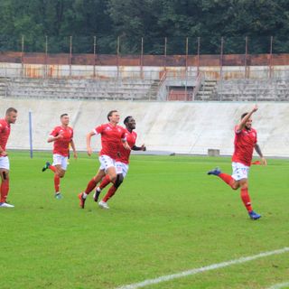 La corsa della squadra dopo il primo gol verso Francesco Gazo in tribuna: la parola "gruppo" è racchiusa in quest'immagine di Ezio Macchi