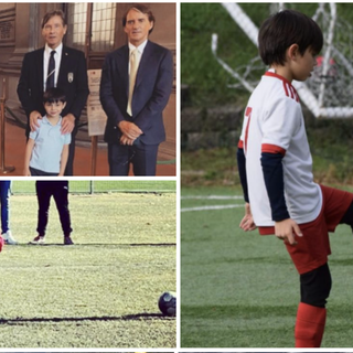 Luca Anastasi si allena con la maglia biancorossa. In alto a sinistra: Luca con papà Gianluca, Cabrini, Oriali e Mancini