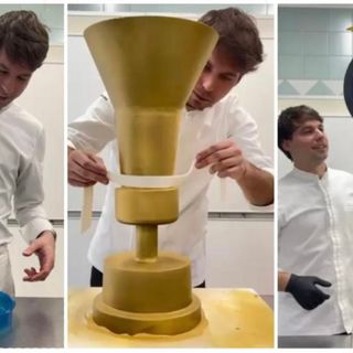 Andrea Buosi con la sua opera interamente di cioccolato