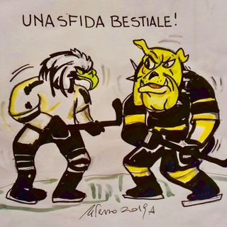 La sfida tra Mastini e Aquile meranesi vista dal vignettista Tiziano Riverso