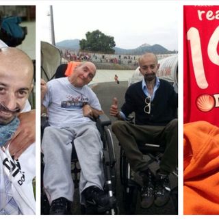 Luca Alfano con Pavoletti, con l'amico Alfredo Luini sulle loro carrozzine accanto alla panchina del Varese e addormentato con la maglia biancorossa sullo sfondo