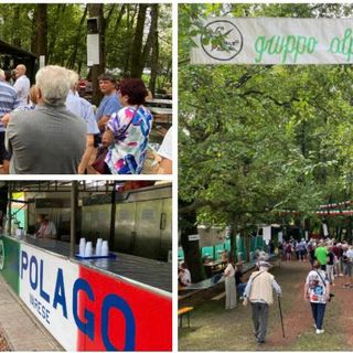 In fila una domenica di luglio ad attendere di gustare sulle tavolate nel bosco i piatti semplici e ruspanti della Festa degli Alpini di Capolago
