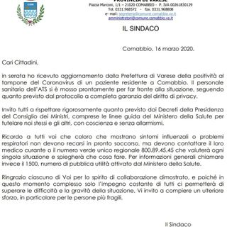 Comabbio, l'annuncio del sindaco: «Un positivo al Coronavirus anche qui»