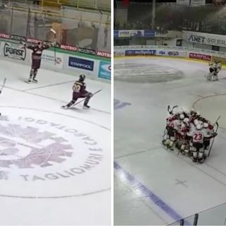 Gesumaria esulta sotto i tifosi aostani dopo il gol del 2-1, a destra tutti su Korkiakoski autore dell'azione capolavoro che decide l'overtime ad Appiano