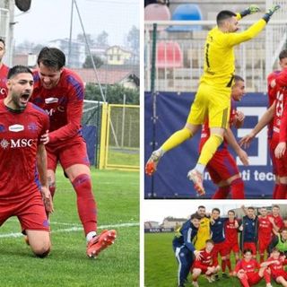 L'urlo di Bertoli, il salto del portierone Chironi e un gruppo che sta bene assieme, si diverte e vince: ecco la Varesina a sei gare dalla fine (foto Enrico Scaringi - Varesina Calcio)