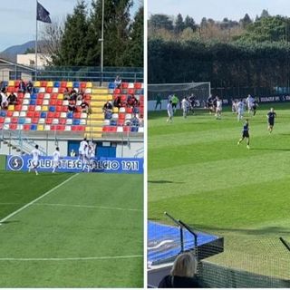 Botta e risposta Pellini (Sestese) e Lorusso (Solbiatese) nell'1-1 del Chinetti (fotogallery Federico Galbiati)