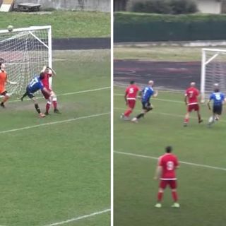 La traversa colpita da Torraca (a sinistra) e il miracolo del portiere dell'Ispra Oniscodi sul colpo di testa di Gabrielli (destra)