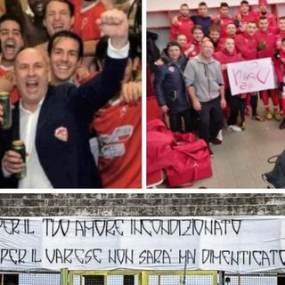 Stefano Pertile felice con i ragazzi della terza categoria e con quelli della salvezza a Sanremo. Qui sopra lo striscione di saluto della curva