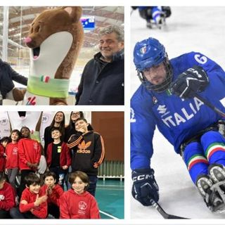 Il viaggio verso le Olimpiadi del 2026 di Tina e Milo inizia dal palaghiaccio di Varese (sopra il sindaco Galimberti e l'assessore Malerba) e dalla scuola Pascoli (sotto gli alunni con l'assessore Dimaggio). A destra un momento della semifinale del Memorial Ciaz vinta dalla Slovacchia sull'Italia nella foto di Marco Guariglia
