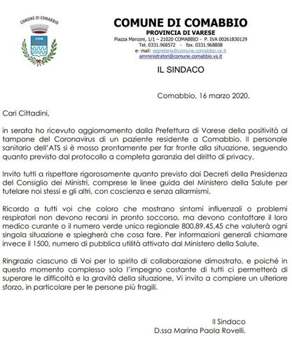 Comabbio, l'annuncio del sindaco: «Un positivo al Coronavirus anche qui»