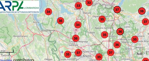 L'impressionante mappa delle temperature registrate oggi in provincia dalla mappa in tempo reale di Arpa Lombardia