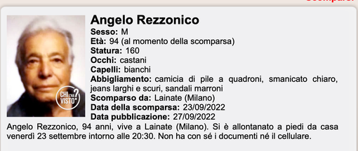 Si cerca nonno Angelo: è scomparso da 11 giorni a Lainate