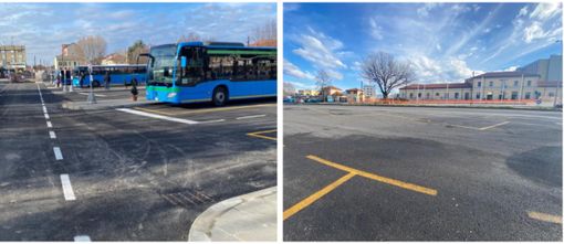 A sinistra il nuovo terminal bus di piazzale Kennedy e a destra il piazzale di viale Milano dove torneranno gli stalli blu per parcheggiare l'auto