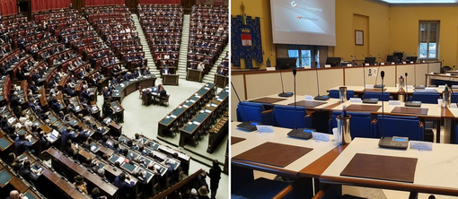 Da sinistra, l'aula di Montecitorio e la sala consiliare di Palazzo Gilardoni a Busto Da sinistra, l'aula di Montecitorio e la sala consiliare di Palazzo Gilardoni a Busto