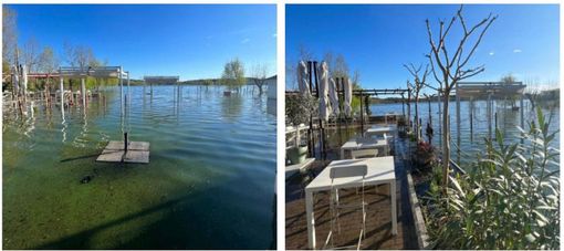 L'acqua nella spiaggia e nella zona esterna del Village oggi, martedì 2 aprile