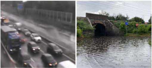 Il traffico sull'A8 nei pressi di Castellanza (foto webcam Autostrade per l'Italia). Un sottopasso allagato