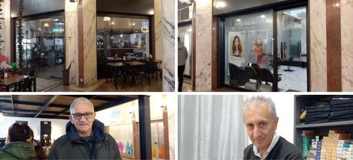 Qui sopra Pierangelo Ghidini Pini con il suo "AG Caffè" e Antonio Bologna di "Acconciature Bologna uomo-donna" in Galleria Manzoni