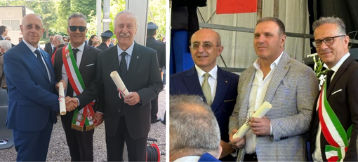 Nella foto a sinistra, Alessandro Albani con Danilo Francesco Guerini Rocco (a sinistra) e Sergio Ferrario. Nell'altra foto, Giovanni Colombo con la pergamena e, alla sua destra, il prefetto Salvatore Pasquariello