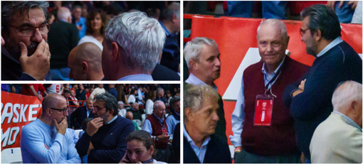 Giuseppe Pirola, presidente dell'Uyba, a colloquio con il sindaco Galimberti (sopra) e con Toto Bulgheroni (a destra), ma anche con Paolo Orrigoni, nella terza immagine - Foto Averna