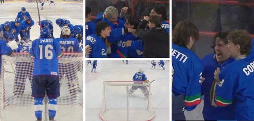 Tutti su Filippo Matonti (con il numero 20) che urla di gioia alla vittoria del Mondiale Under 18 di Asiago